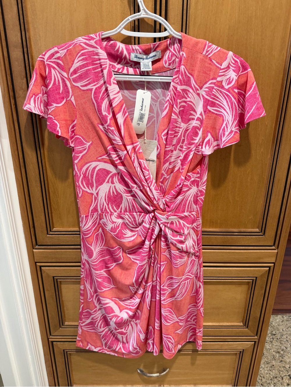 Tommy Bahama Coral and Pink Floral Twist-Front Mini Dress